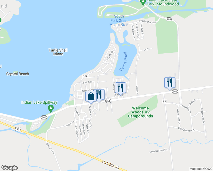 map of restaurants, bars, coffee shops, grocery stores, and more near Blackbeard Court in Russells Point