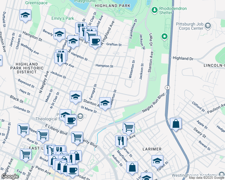 map of restaurants, bars, coffee shops, grocery stores, and more near 834 Collins Street in Pittsburgh