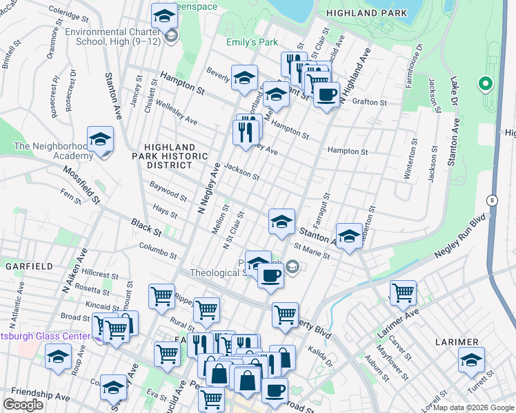 map of restaurants, bars, coffee shops, grocery stores, and more near 5800 Stanton Avenue in Pittsburgh
