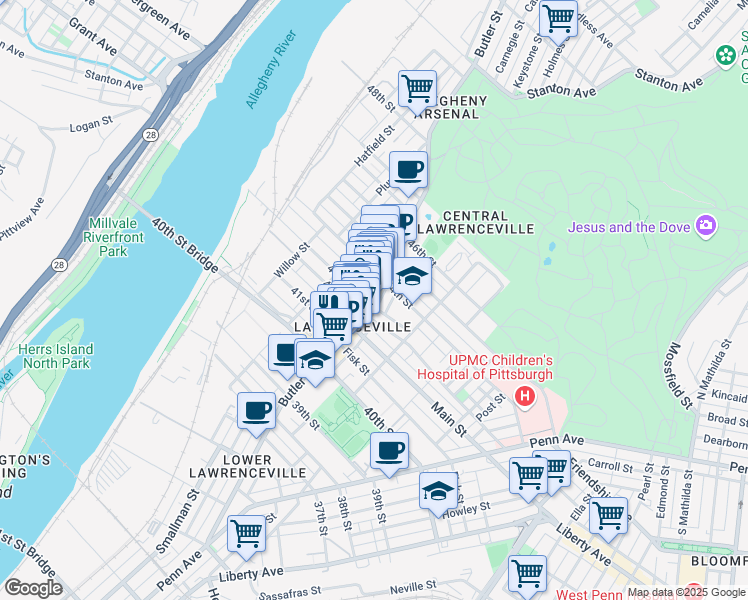 map of restaurants, bars, coffee shops, grocery stores, and more near in Pittsburgh