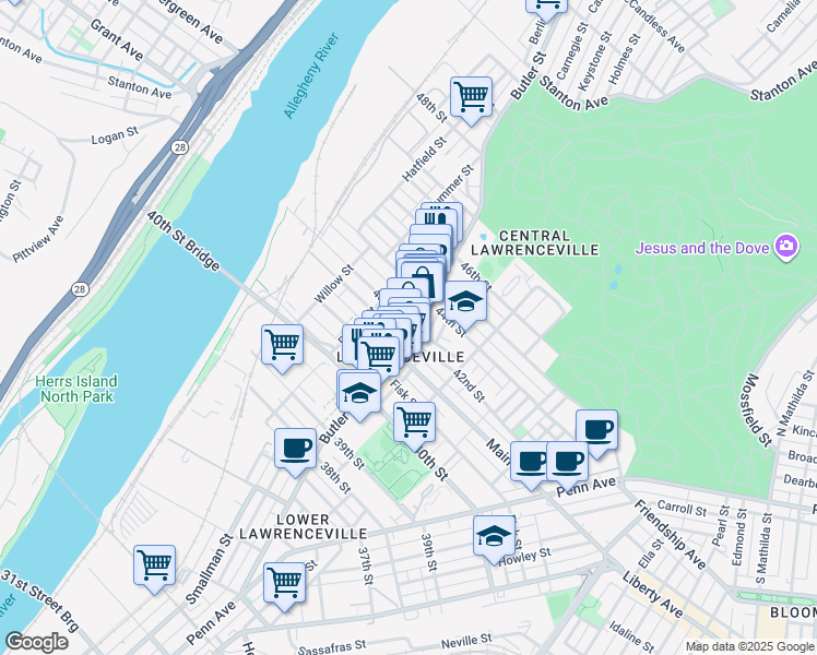 map of restaurants, bars, coffee shops, grocery stores, and more near in Pittsburgh