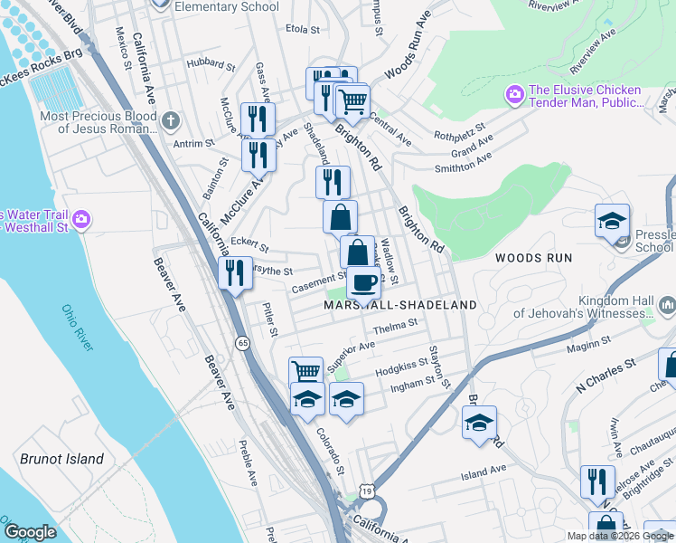 map of restaurants, bars, coffee shops, grocery stores, and more near 2819 Shadeland Avenue in Pittsburgh