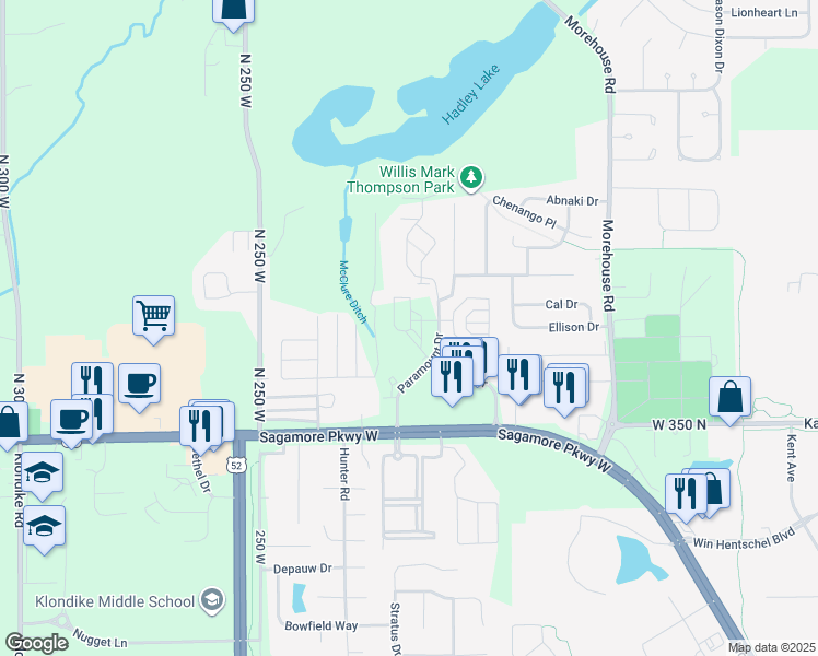 map of restaurants, bars, coffee shops, grocery stores, and more near 599 Christy Ln in West Lafayette