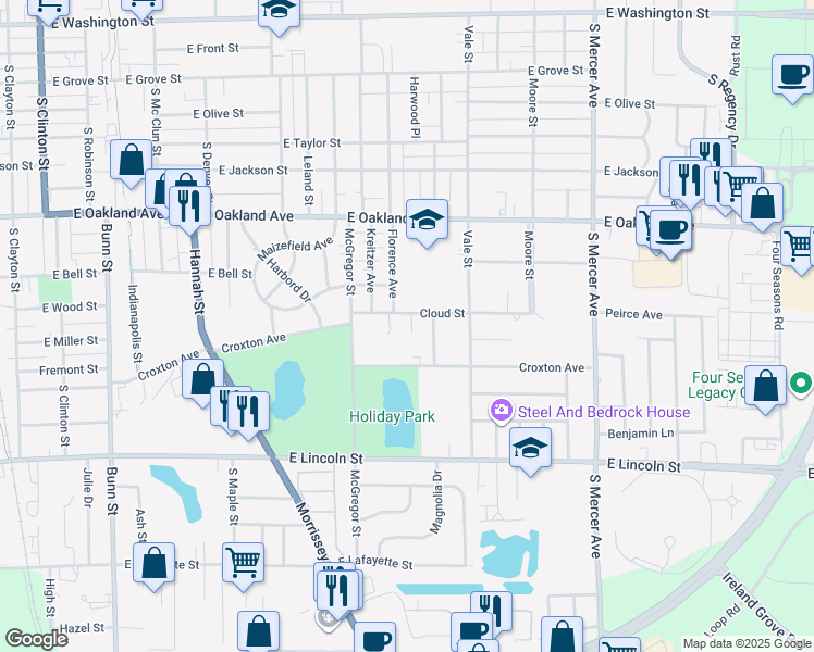 map of restaurants, bars, coffee shops, grocery stores, and more near 15 Ryan Drive in Bloomington