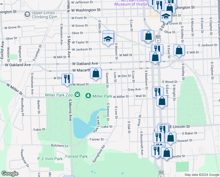map of restaurants, bars, coffee shops, grocery stores, and more near 920 Summit Street in Bloomington