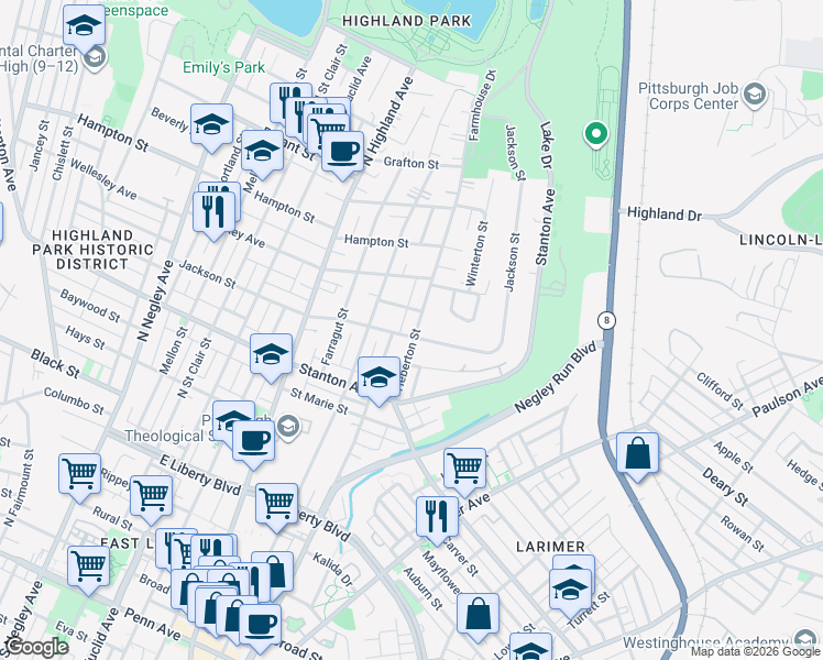 map of restaurants, bars, coffee shops, grocery stores, and more near 834 Collins Street in Pittsburgh