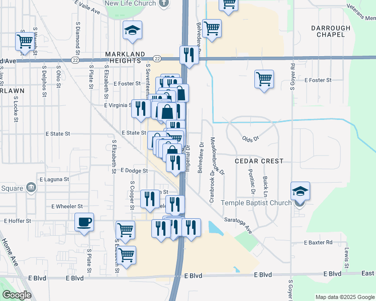 map of restaurants, bars, coffee shops, grocery stores, and more near 1301 Imperial Drive in Kokomo