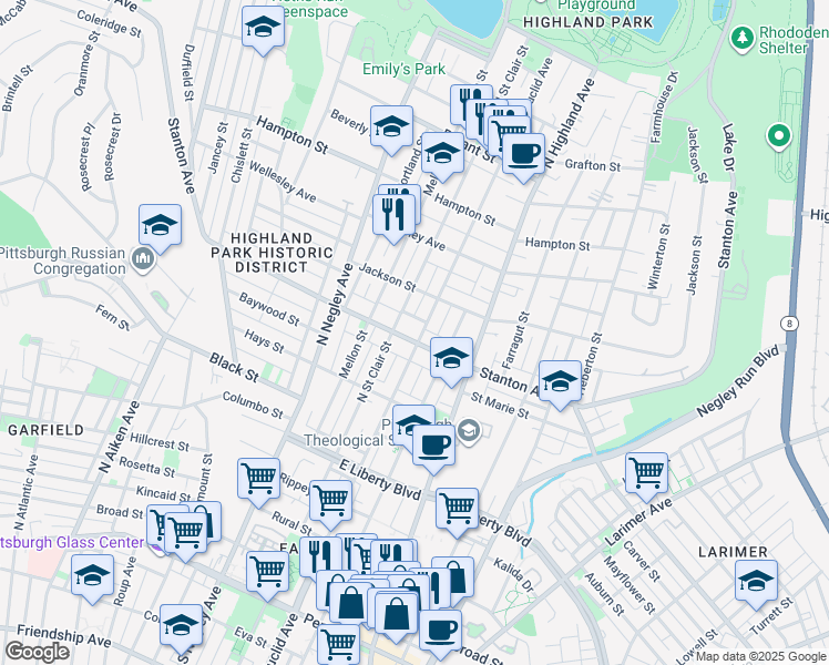 map of restaurants, bars, coffee shops, grocery stores, and more near 5800 Stanton Avenue in Pittsburgh