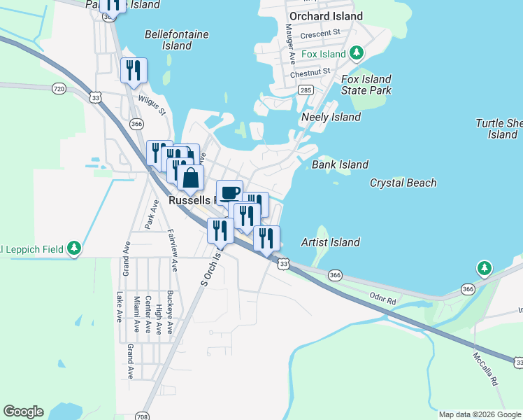 map of restaurants, bars, coffee shops, grocery stores, and more near Fun Drive in Russells Point
