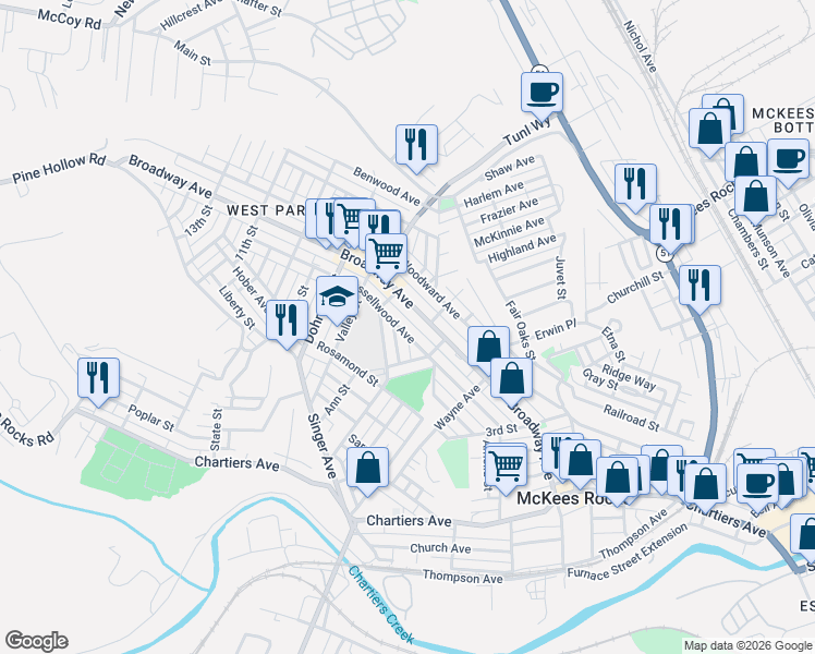 map of restaurants, bars, coffee shops, grocery stores, and more near 613 Penn Alley in McKees Rocks