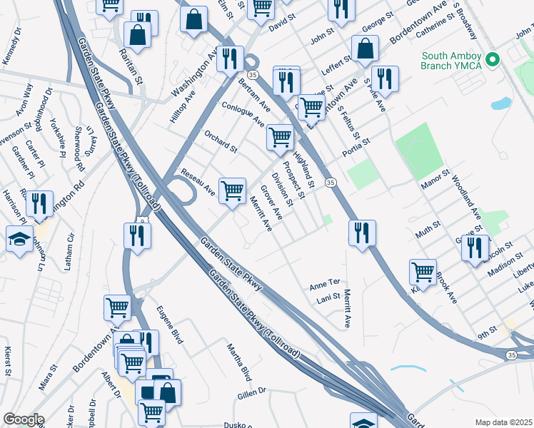 map of restaurants, bars, coffee shops, grocery stores, and more near 13 Grover Avenue in South Amboy