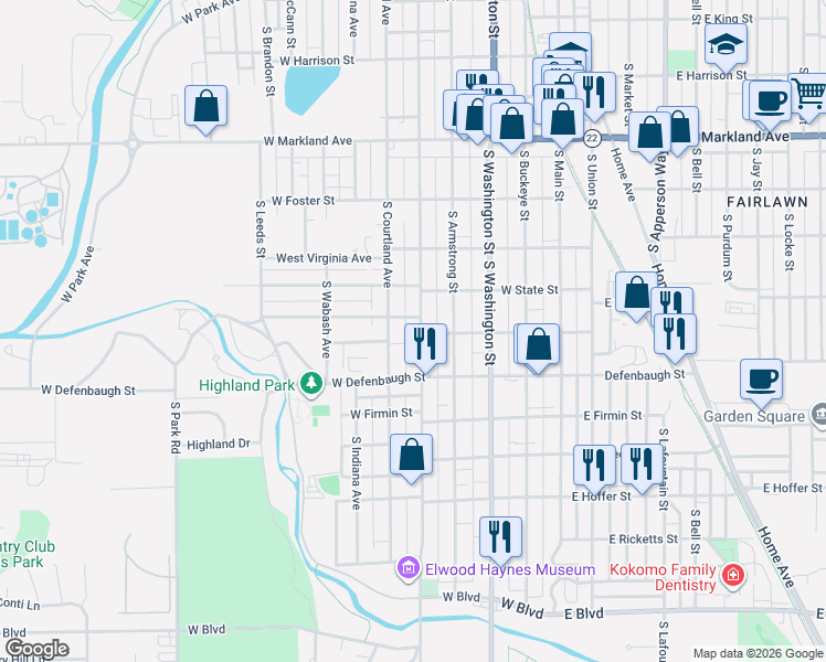 map of restaurants, bars, coffee shops, grocery stores, and more near 514 West Woodland Avenue in Kokomo