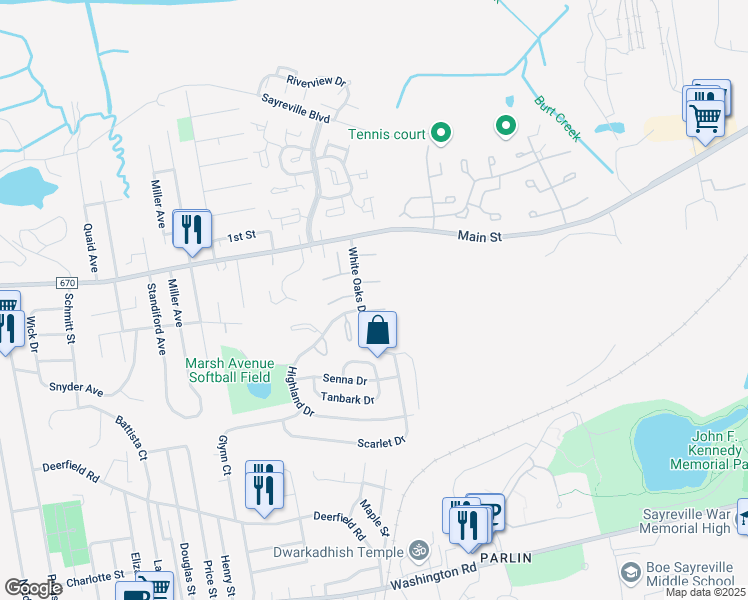 map of restaurants, bars, coffee shops, grocery stores, and more near 28 Gardenia Court in Sayreville
