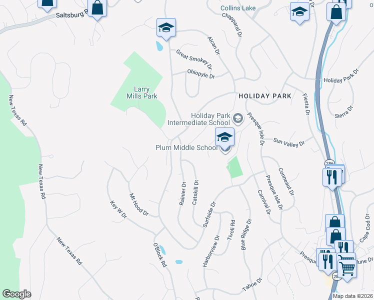 map of restaurants, bars, coffee shops, grocery stores, and more near 1660 O'Block Road in Pittsburgh