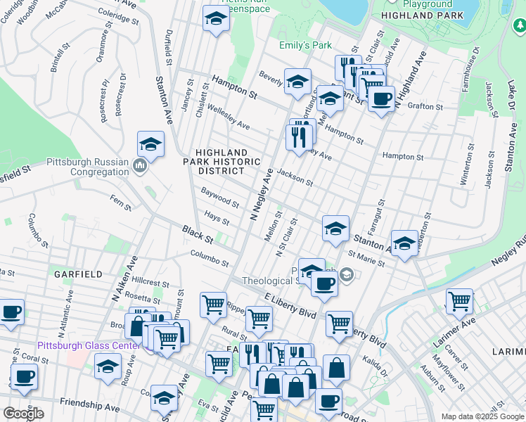 map of restaurants, bars, coffee shops, grocery stores, and more near in Pittsburgh