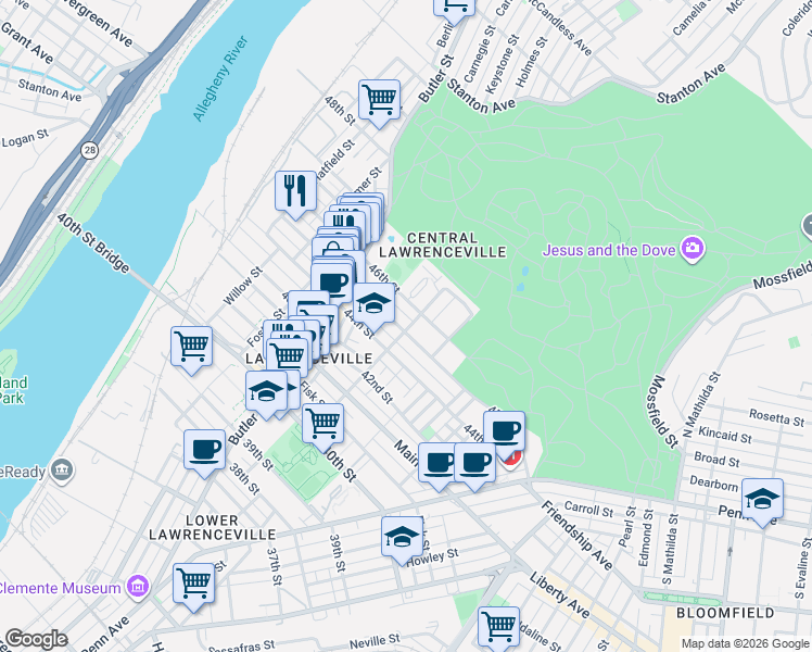 map of restaurants, bars, coffee shops, grocery stores, and more near 252 46th Street in Pittsburgh