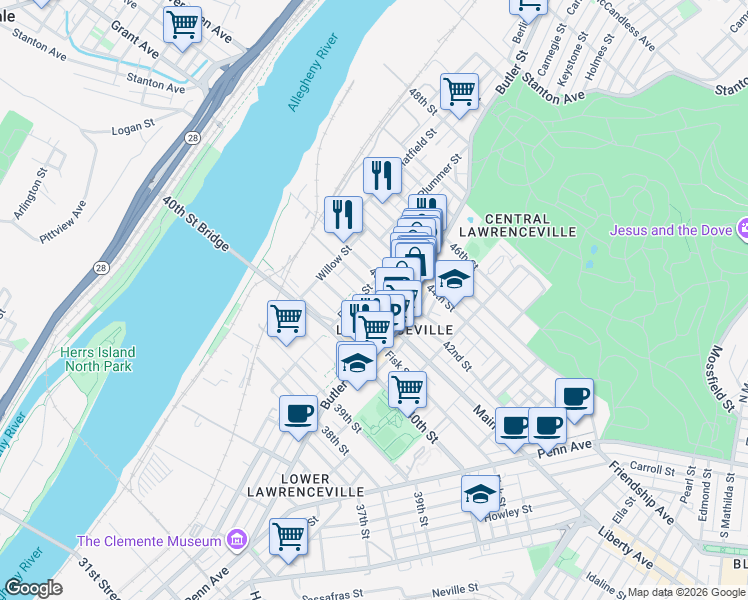 map of restaurants, bars, coffee shops, grocery stores, and more near 145 42nd Street in Pittsburgh