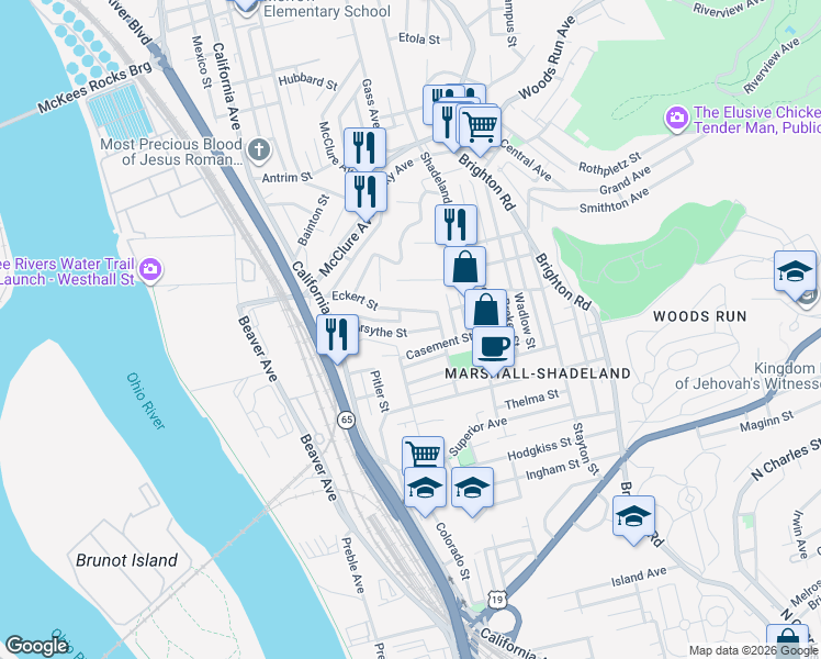 map of restaurants, bars, coffee shops, grocery stores, and more near 1502 Eckert Street in Pittsburgh