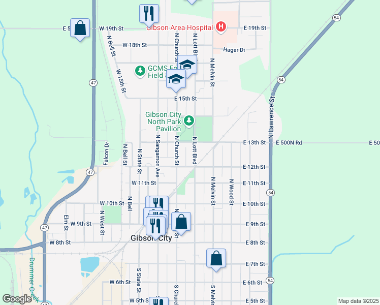 map of restaurants, bars, coffee shops, grocery stores, and more near 535 North Lott Boulevard in Gibson City