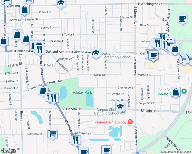 map of restaurants, bars, coffee shops, grocery stores, and more near 1 Ryan Drive in Bloomington