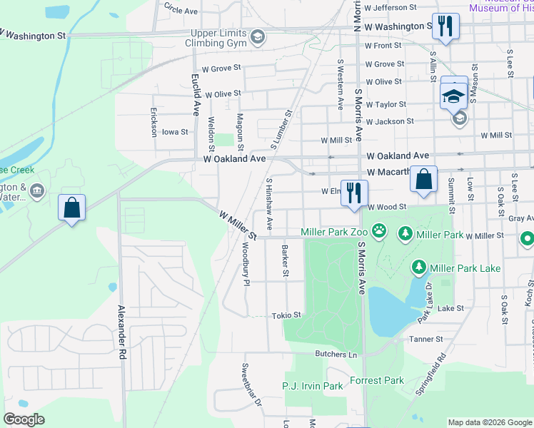 map of restaurants, bars, coffee shops, grocery stores, and more near 1418 West Elm Street in Bloomington