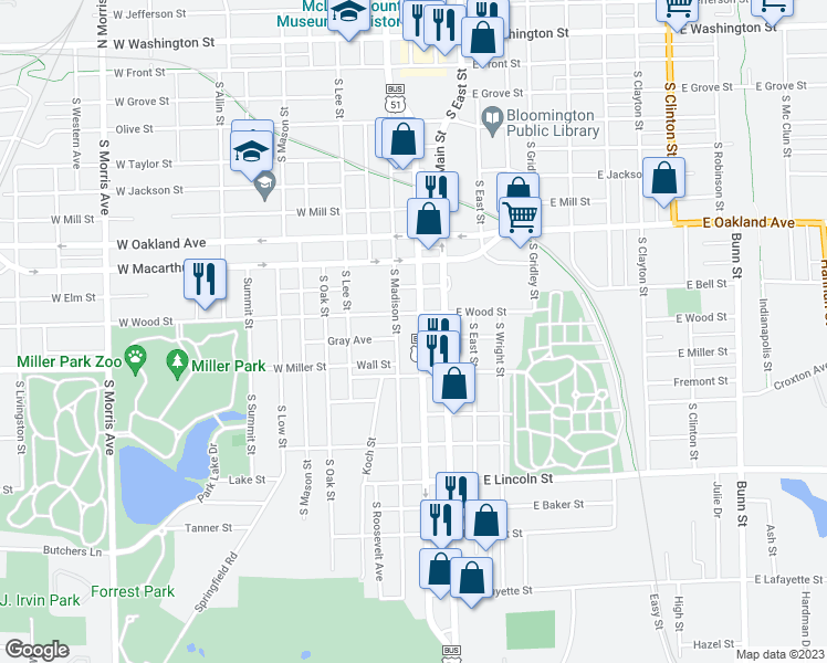 map of restaurants, bars, coffee shops, grocery stores, and more near 903 South Center Street in Bloomington