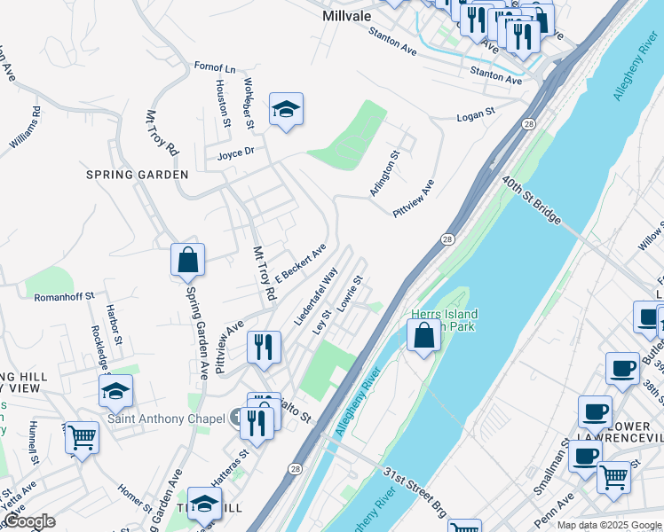 map of restaurants, bars, coffee shops, grocery stores, and more near 2164 Liedertafel Way in Pittsburgh
