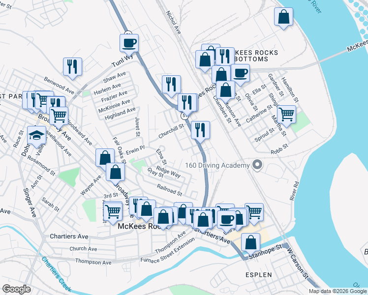 map of restaurants, bars, coffee shops, grocery stores, and more near 122 Cutler Street in McKees Rocks