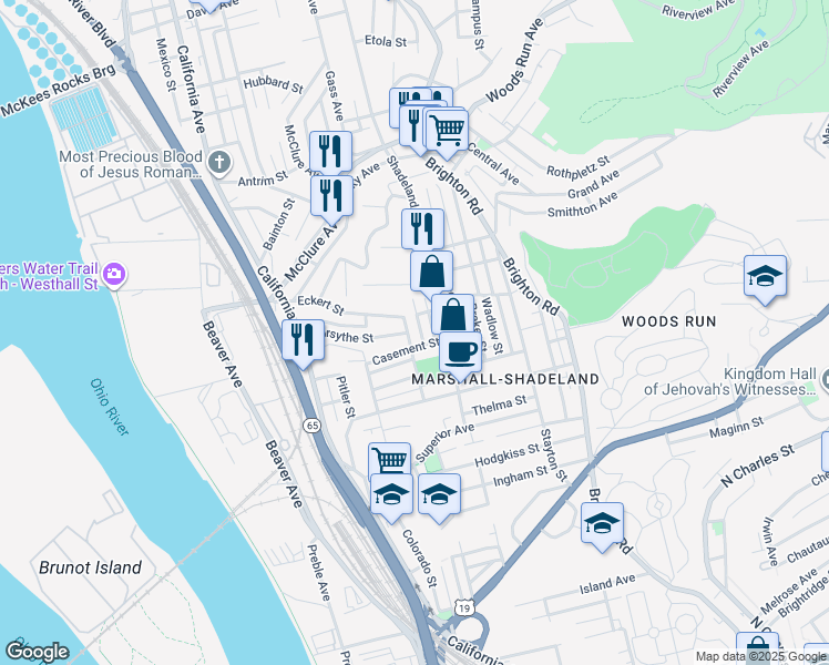 map of restaurants, bars, coffee shops, grocery stores, and more near 1400 Eckert Street in Pittsburgh