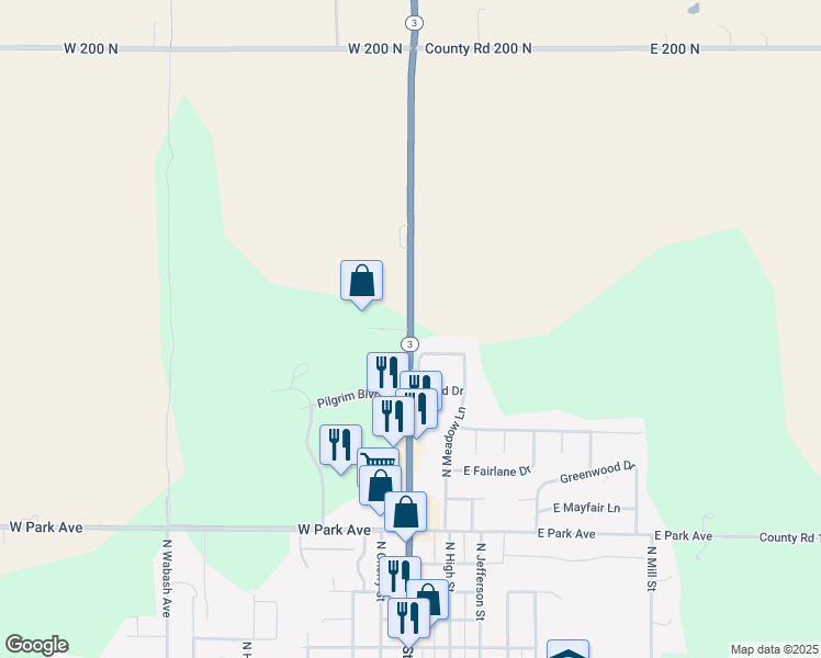 map of restaurants, bars, coffee shops, grocery stores, and more near North 3 in Hartford City