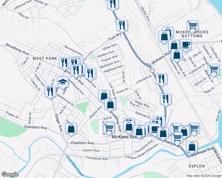 map of restaurants, bars, coffee shops, grocery stores, and more near 529 Fairoaks Street in McKees Rocks
