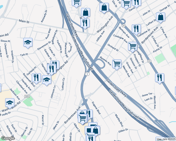map of restaurants, bars, coffee shops, grocery stores, and more near Garden State Parkway in South Amboy