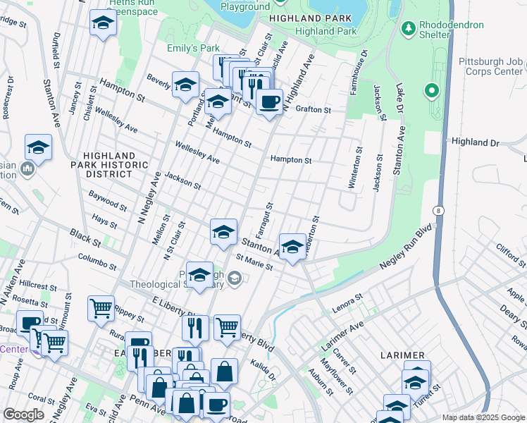 map of restaurants, bars, coffee shops, grocery stores, and more near 916 North Highland Avenue in Pittsburgh