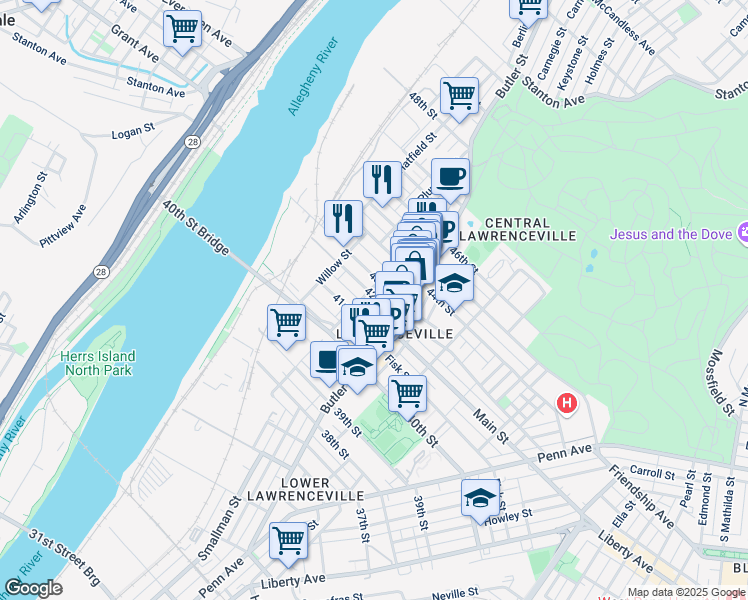 map of restaurants, bars, coffee shops, grocery stores, and more near 145 42nd Street in Pittsburgh