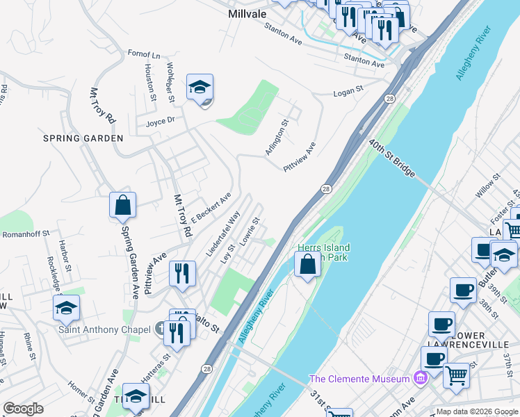 map of restaurants, bars, coffee shops, grocery stores, and more near 2162 Schick Street in Pittsburgh