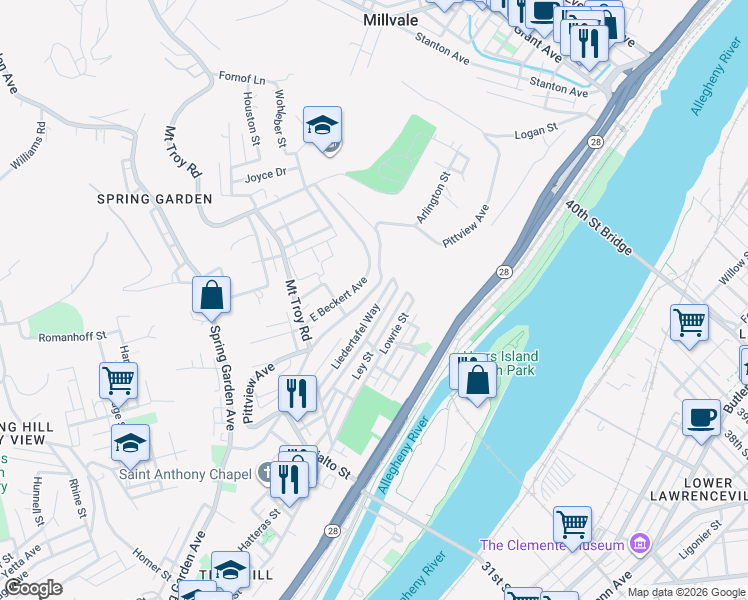 map of restaurants, bars, coffee shops, grocery stores, and more near 2164 Liedertafel Way in Pittsburgh