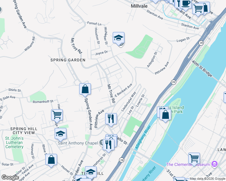 map of restaurants, bars, coffee shops, grocery stores, and more near 13 Highland Avenue in Pittsburgh