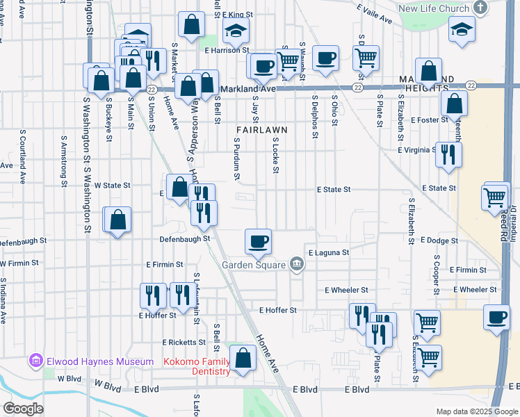 map of restaurants, bars, coffee shops, grocery stores, and more near 1303 South Locke Street in Kokomo