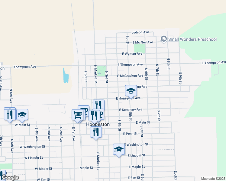 map of restaurants, bars, coffee shops, grocery stores, and more near 502 East Young Avenue in Hoopeston