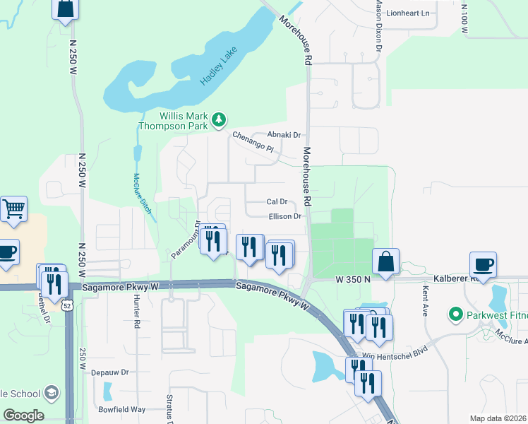 map of restaurants, bars, coffee shops, grocery stores, and more near 1934 Cal Drive in West Lafayette