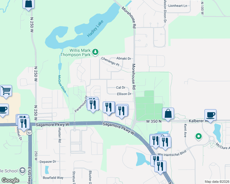 map of restaurants, bars, coffee shops, grocery stores, and more near 1934 Cal Drive in West Lafayette