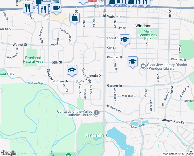 map of restaurants, bars, coffee shops, grocery stores, and more near 806 Stone Mountain Drive in Windsor