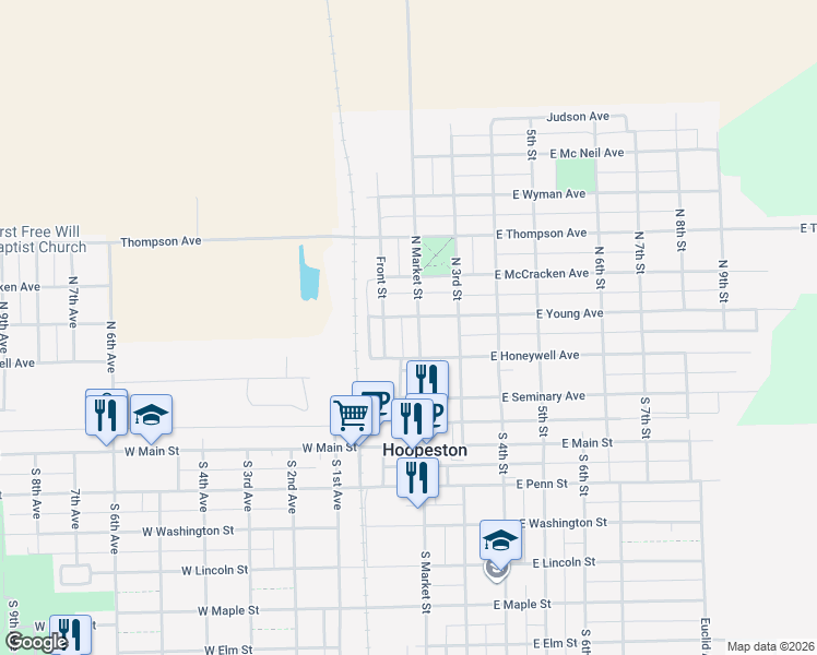 map of restaurants, bars, coffee shops, grocery stores, and more near 254-298 East Young Avenue in Hoopeston