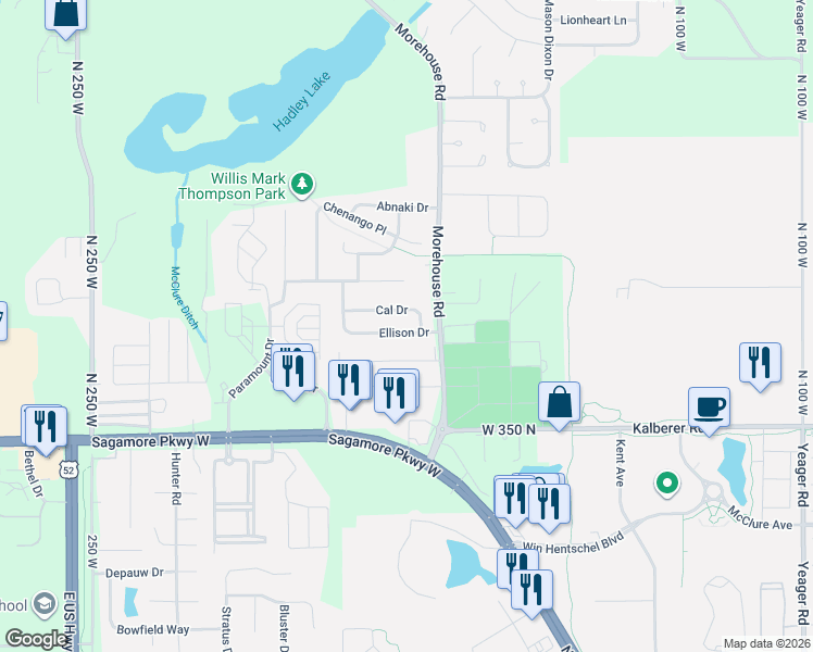 map of restaurants, bars, coffee shops, grocery stores, and more near 1854 Cal Drive in West Lafayette