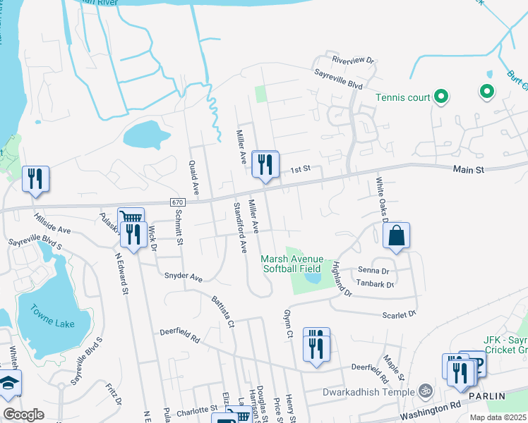 map of restaurants, bars, coffee shops, grocery stores, and more near 556 Main Street in Sayreville