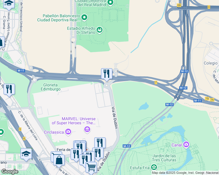 map of restaurants, bars, coffee shops, grocery stores, and more near 28 Vía de Dublín in Madrid