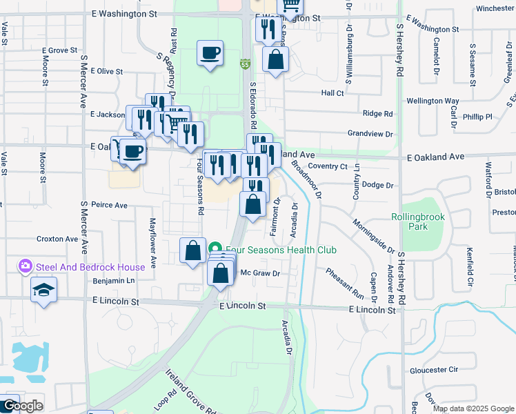map of restaurants, bars, coffee shops, grocery stores, and more near 710 Eldorado Road in Bloomington