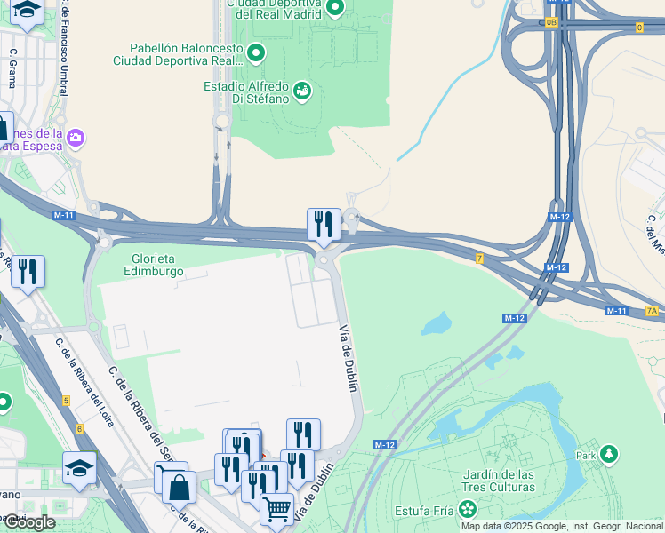 map of restaurants, bars, coffee shops, grocery stores, and more near 28 Vía de Dublín in Madrid