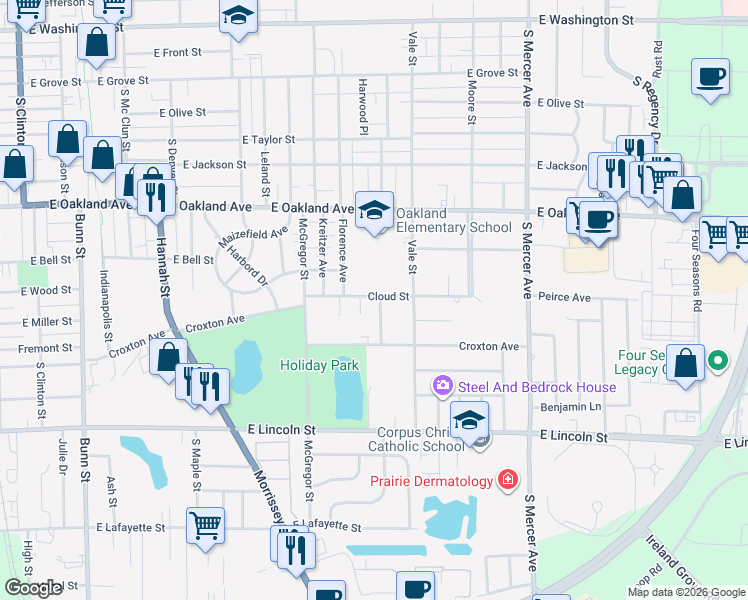 map of restaurants, bars, coffee shops, grocery stores, and more near 1 Ryan Drive in Bloomington