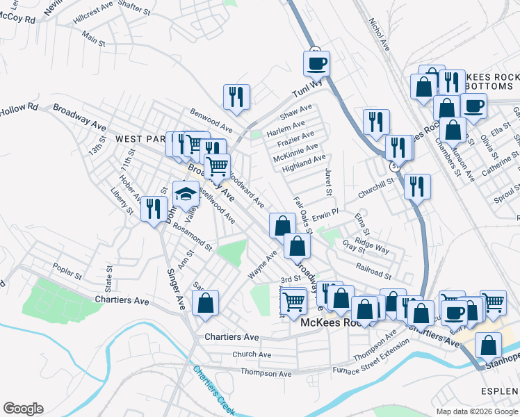 map of restaurants, bars, coffee shops, grocery stores, and more near 813 6th Street in McKees Rocks